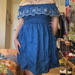 blue off the shoulder embroidered mini dress with pockets! 💟🪩